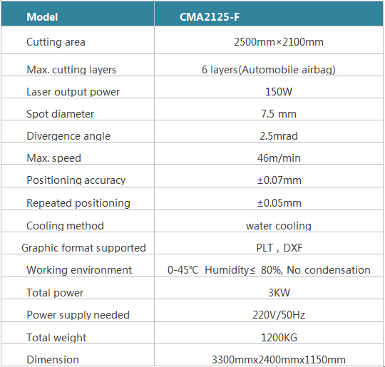 CMA2125-F airbag laser cutting machine technical parameter